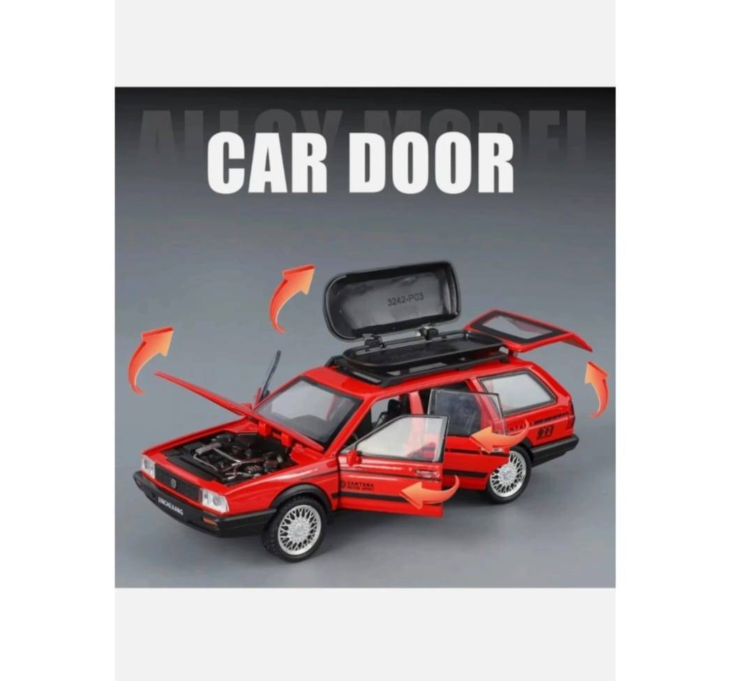 Masinuta metalica, Volkswagen Santana, scara 1:32, usi mobile, capota mobila, portbagaj mobil, rosu, 15.5 cm