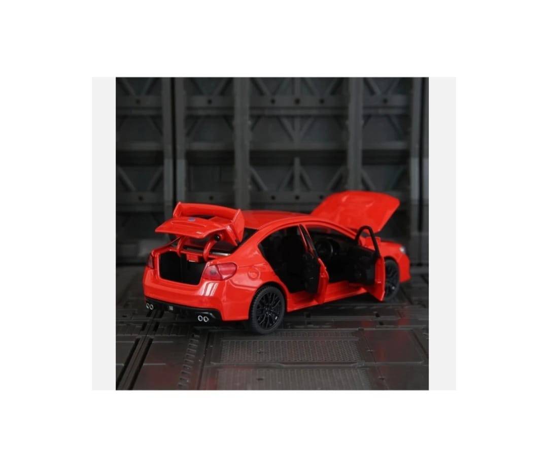 Masinuta metal, Subaru WRX STI 2020, scara 1:32, sunete, usi mobile, capota mobila, portbagaj mobil, rosu, 15 cm