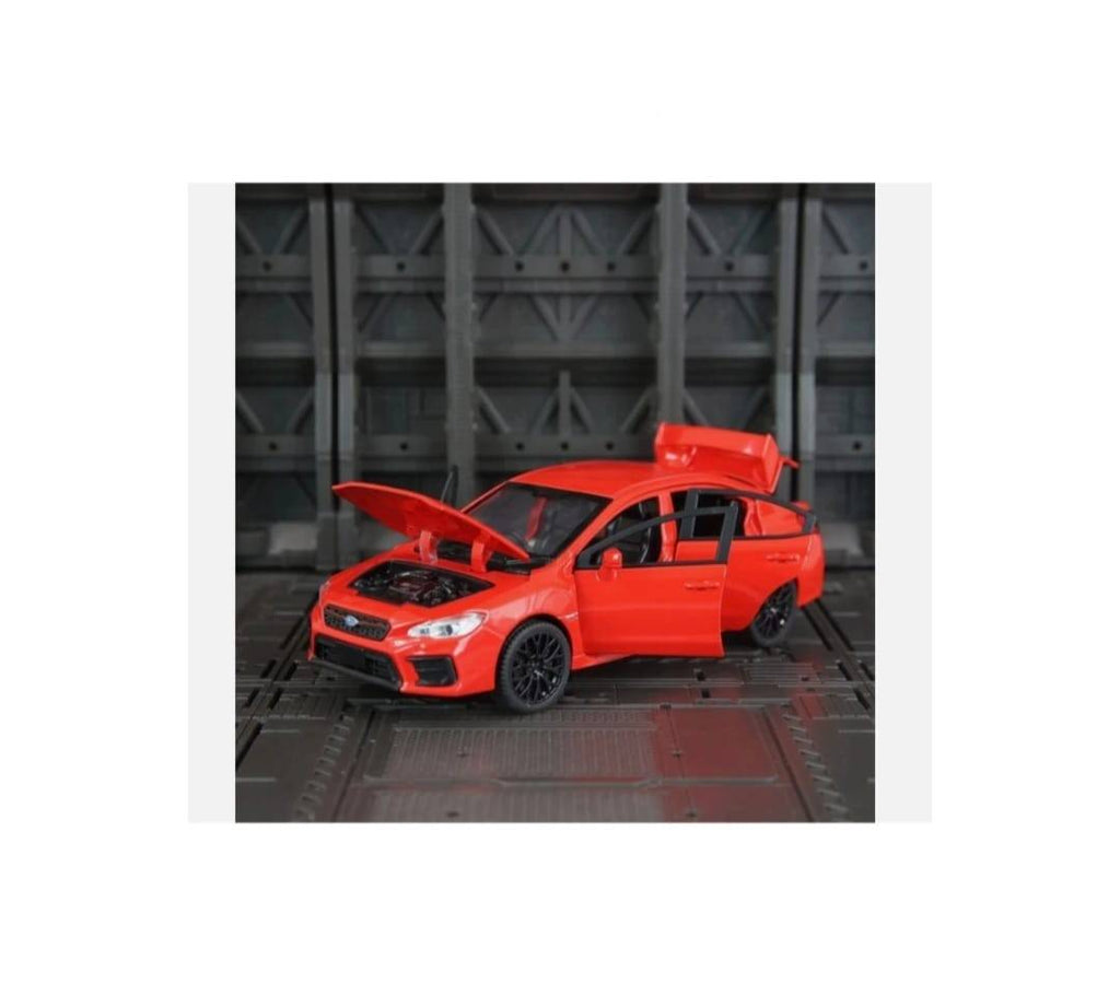 Masinuta metal, Subaru WRX STI 2020, scara 1:32, sunete, usi mobile, capota mobila, portbagaj mobil, rosu, 15 cm