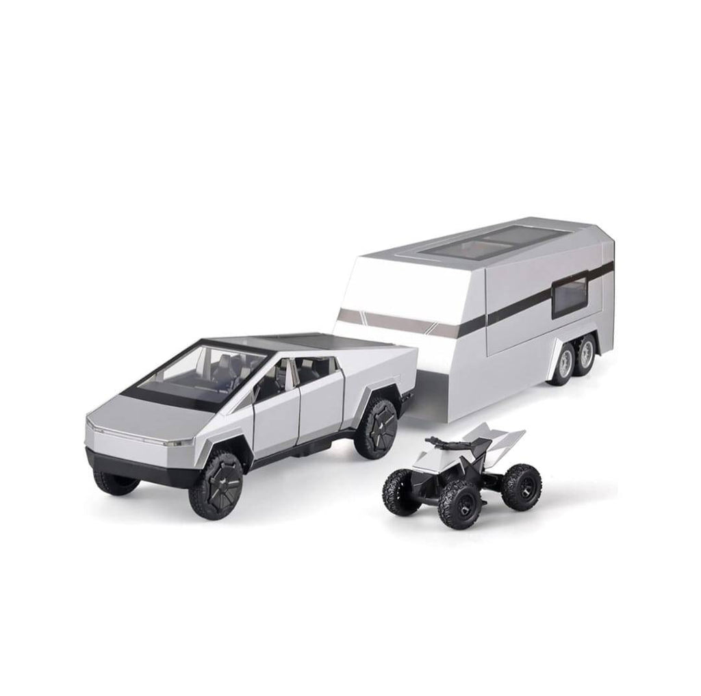 Masinuta metalica,Tesla cu rulota, ATV, usi mobile, capota mobila, 1:32, gri deschis, 36 cm
