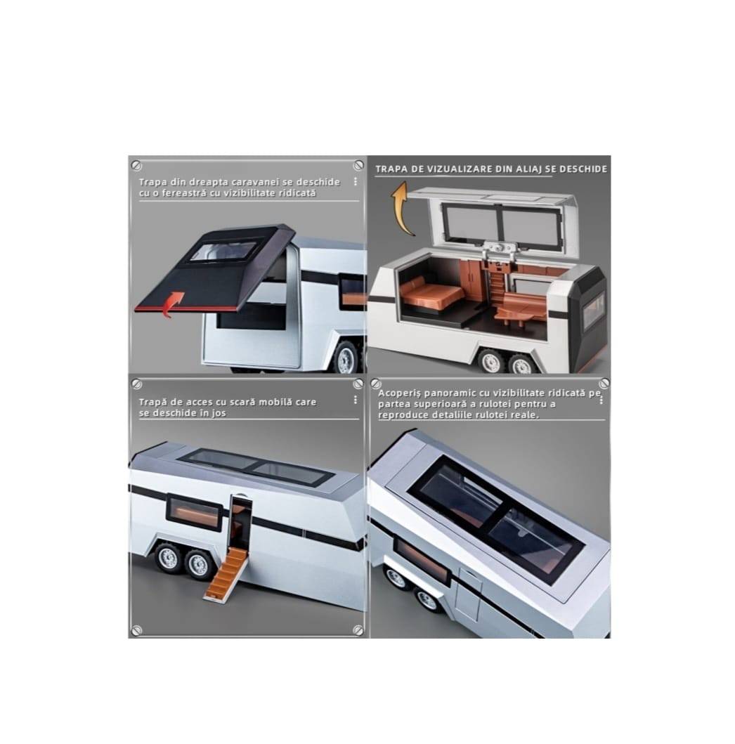 Masinuta metalica,Tesla cu rulota, ATV, usi mobile, capota mobila, 1:32, gri deschis, 36 cm