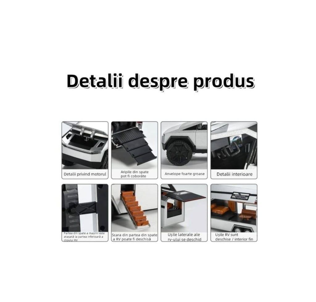 Masinuta metalica,Tesla cu rulota, ATV, usi mobile, capota mobila, 1:32, gri deschis, 36 cm