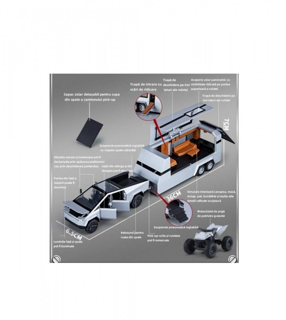 Masinuta metalica,Tesla cu rulota, ATV, usi mobile, capota mobila, 1:32, gri deschis, 36 cm