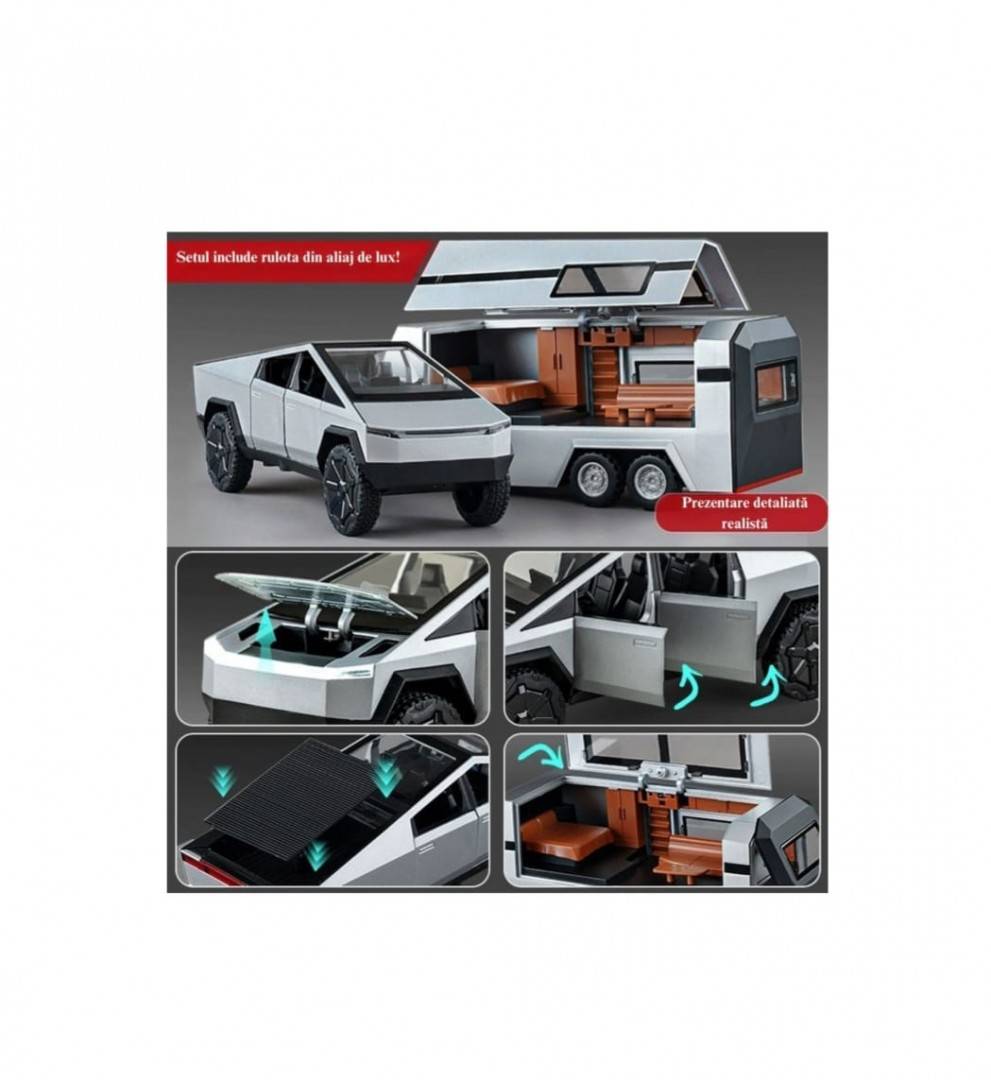 Masinuta metalica,Tesla cu rulota, ATV, usi mobile, capota mobila, 1:32, gri deschis, 36 cm