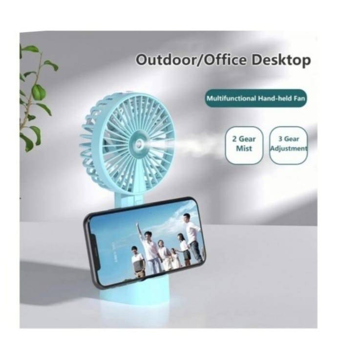 Mini ventilator cu pulverizare si suport de telefon, cablu USB, Bleu