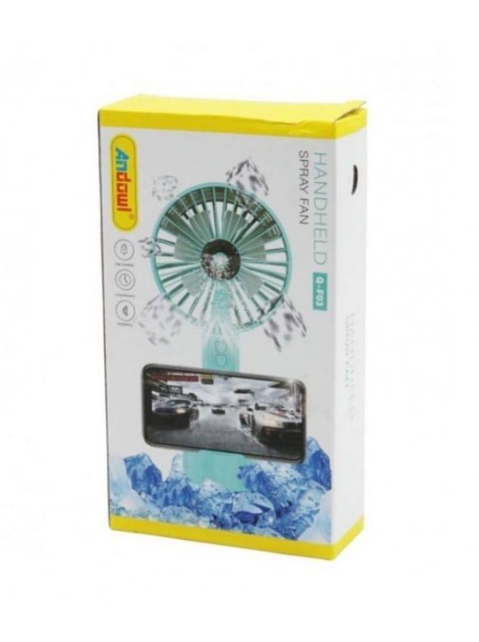 Mini ventilator cu pulverizare si suport de telefon, cablu USB, Bleu