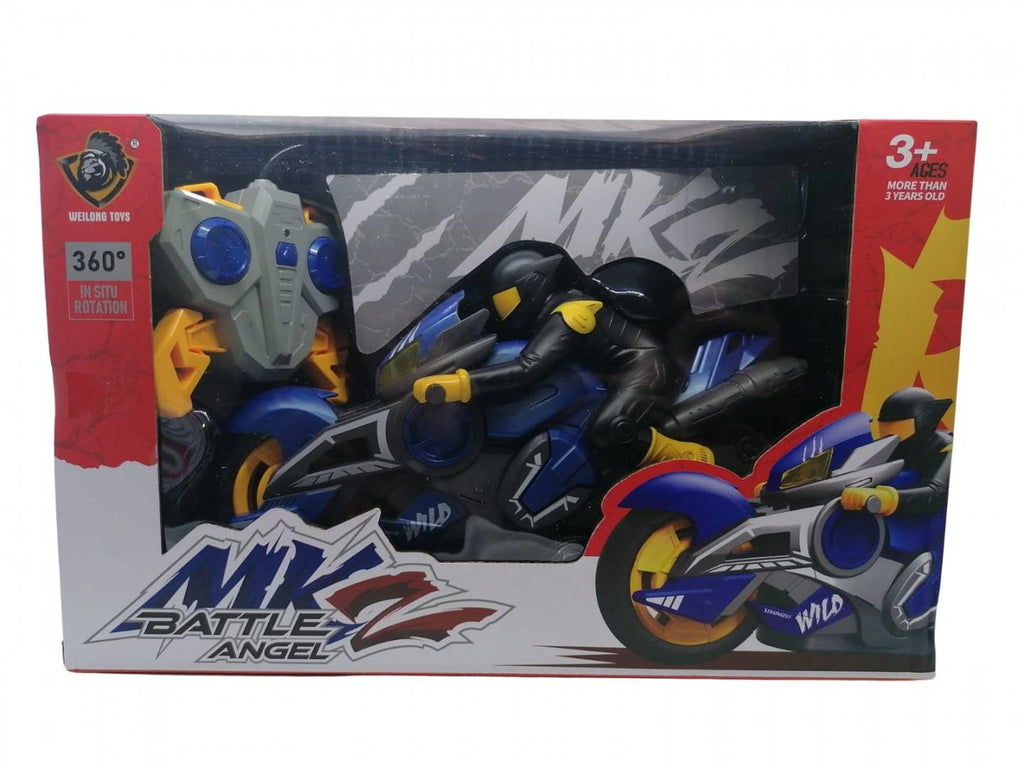 Motocicleta cu telecomanda, sunete si lumini, rotire 360 grade, albastru, 27 cm