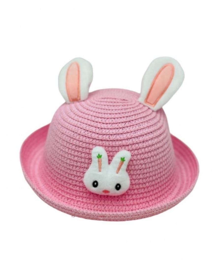 Palarie paie pentru fetite, Iepuras, roz, 50 cm, 1-3 ani