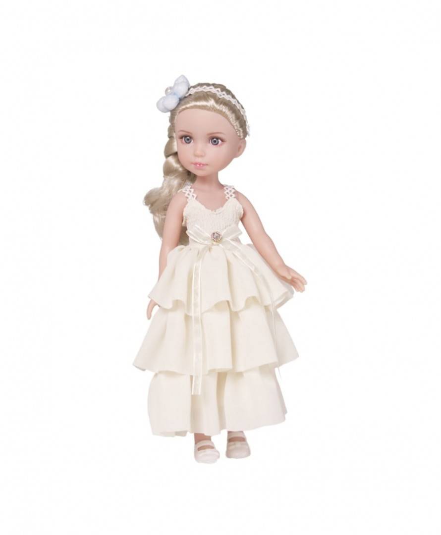 Papusa blonda, rochie volane, MASHASHOP, alb/crem, 36 cm