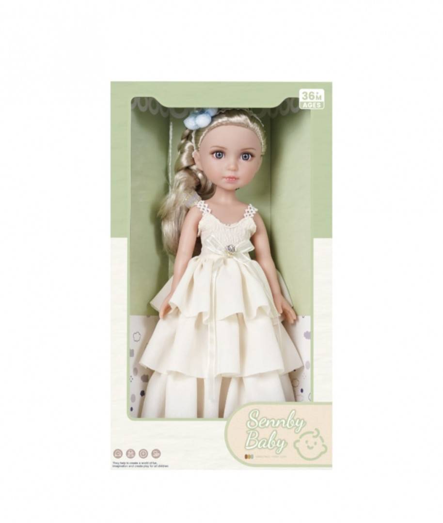 Papusa blonda, rochie volane, MASHASHOP, alb/crem, 36 cm