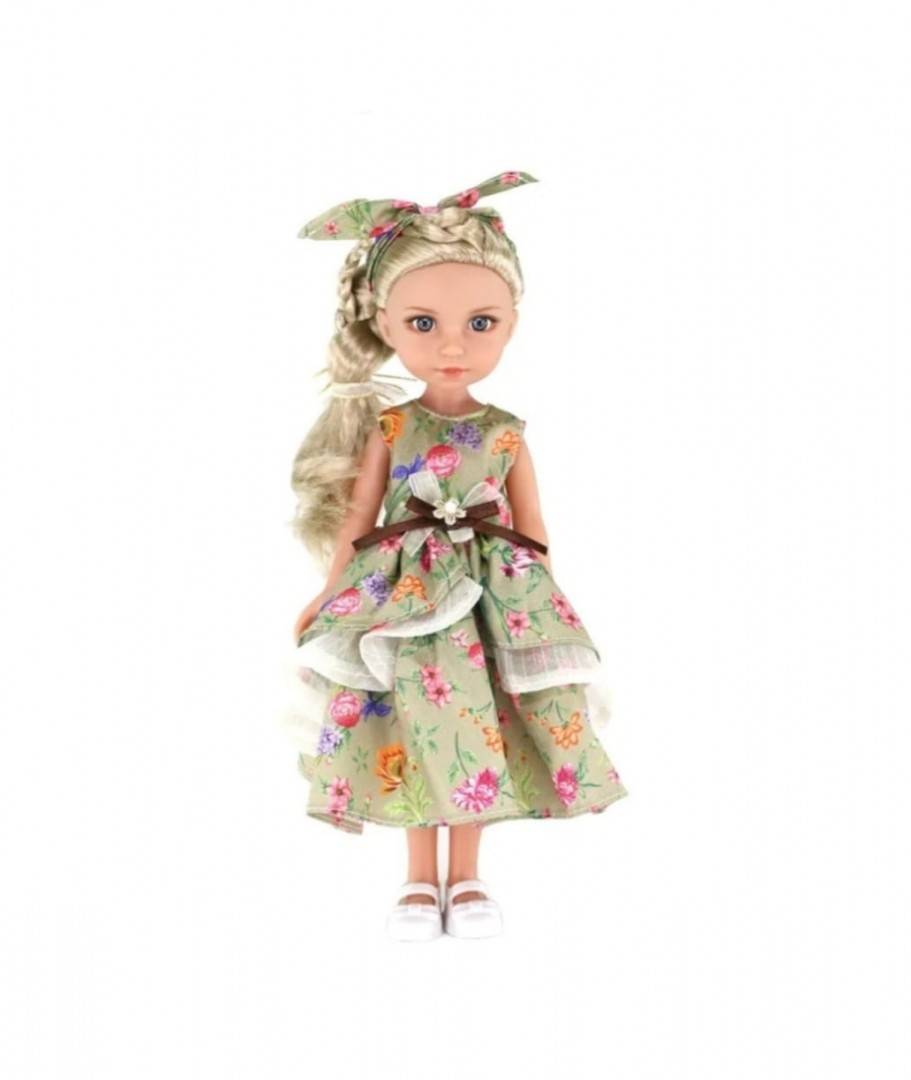 Papusa blonda, rochie volane si flori, MASHASHOP, verde/crem, 36 cm