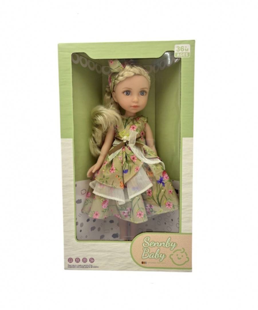 Papusa blonda, rochie volane si flori, MASHASHOP, verde/crem, 36 cm