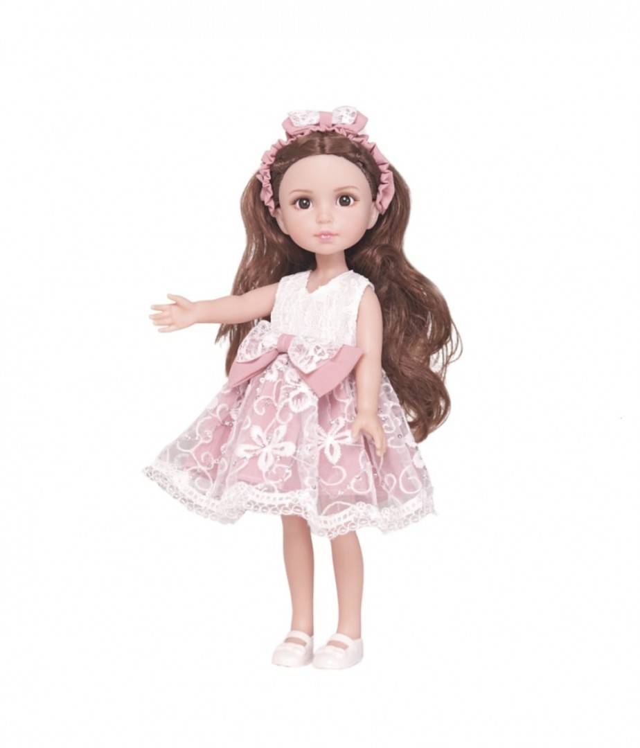 Papusa bruneta, rochie si bentita, MASHASHOP, roz, 36 cm