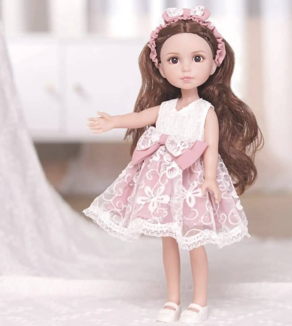 Papusa bruneta, rochie si bentita, MASHASHOP, roz, 36 cm