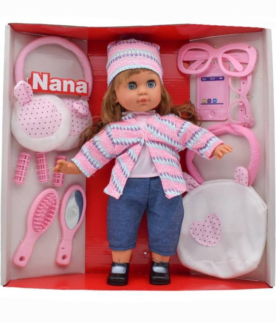 Papusa Nana, canta 12 colinde in romana, 9 accesorii, multicolor, 38 cm