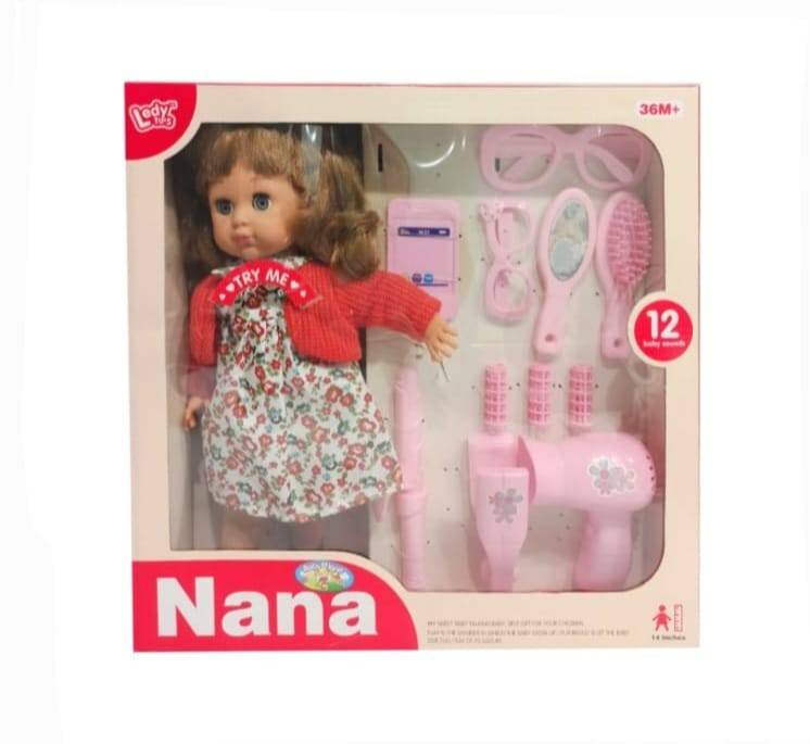 Papusa Nana, canta 12 colinde in romana, 9 accesorii, rosu, 38 cm