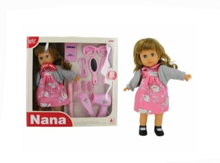 Papusa Nana, canta 12 colinde in romana, 9 accesorii, roz, 38 cm