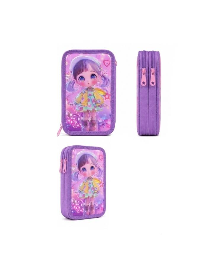 Penar triplu echipat, 3D, fermoar, 32 piese, Fetita, mov/multicolor