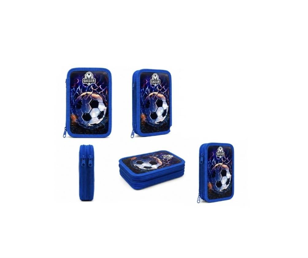 Penar triplu echipat, 3D, fermoar, 32 piese, FOOTBALL - S-COOL, albastru