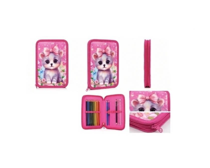 Penar triplu echipat, 3D, fermoar, 32 piese, Pisica, roz