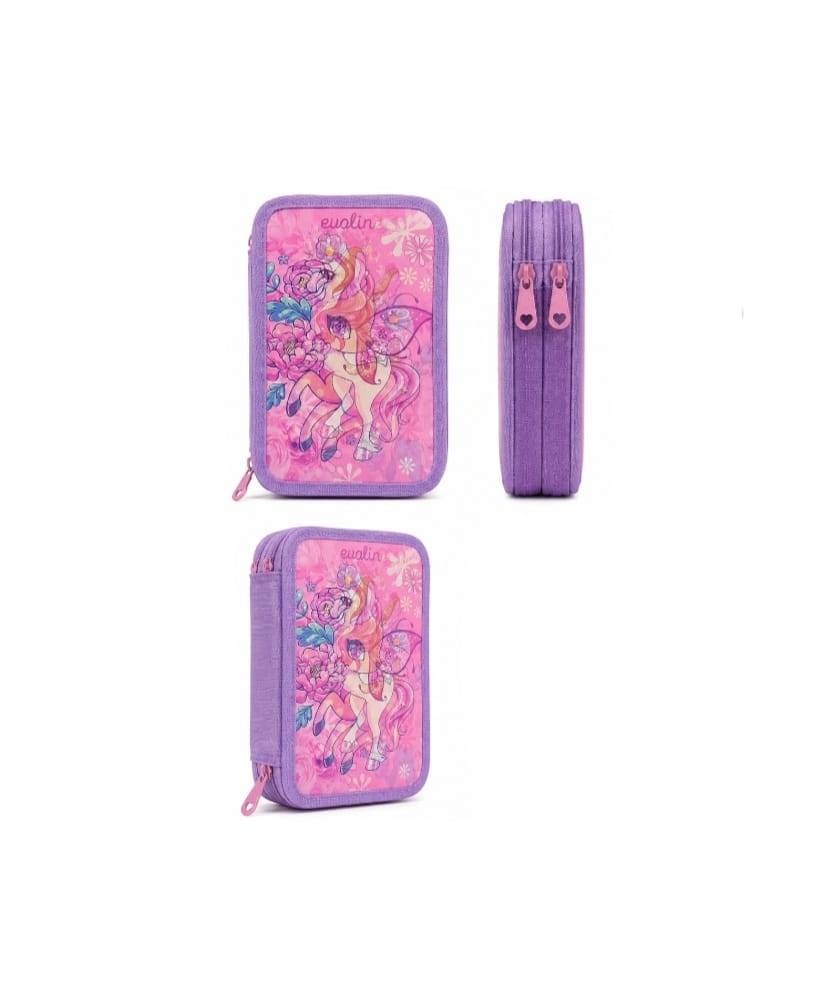 Penar triplu echipat, 3D, fermoar, 32 piese, Ponei, roz/multicolor