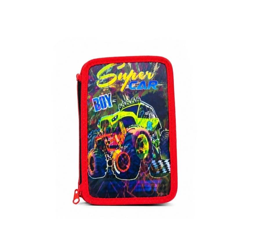 Penar triplu echipat, 3D, fermoar, 32 piese, SUPER CAR - S-COOL, rosu