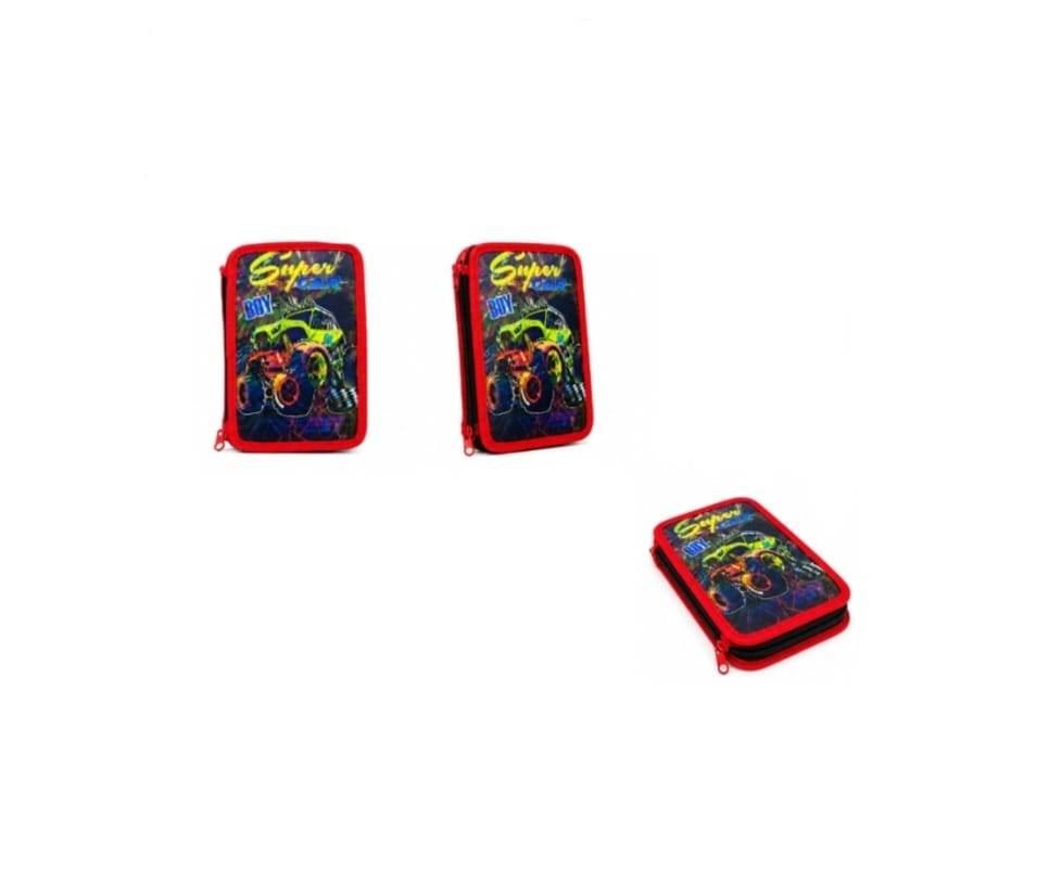 Penar triplu echipat, 3D, fermoar, 32 piese, SUPER CAR - S-COOL, rosu