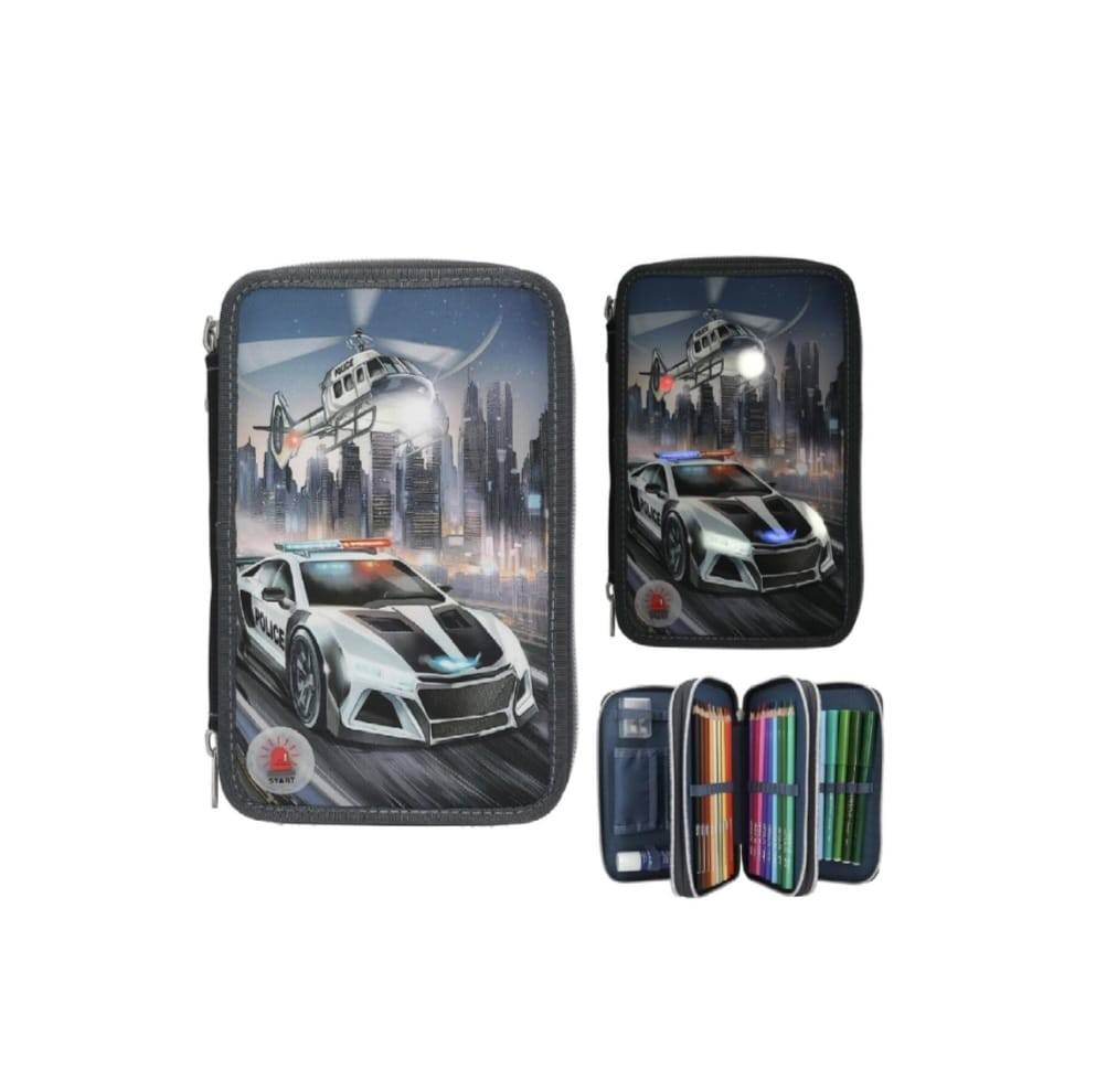 Penar triplu echipat baieti, Masinuta Politie, Led, 3D Effect, albastru inchis, 6 ani+