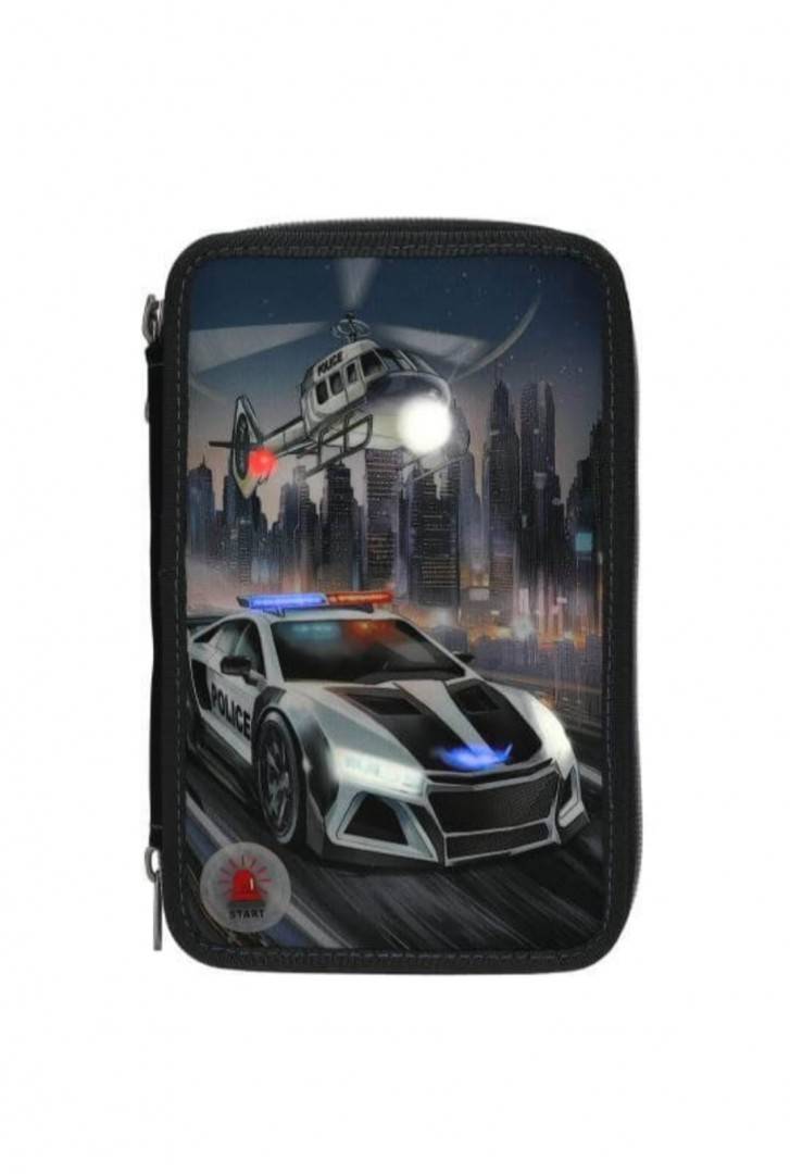 Penar triplu echipat baieti, Masinuta Politie, Led, 3D Effect, albastru inchis, 6 ani+