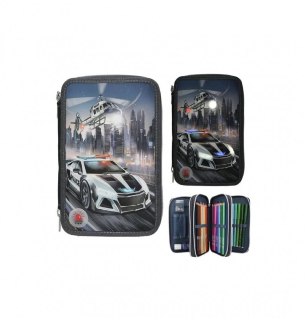 Penar triplu echipat baieti, Masinuta Politie, Led, 3D Effect, albastru inchis, 6 ani+
