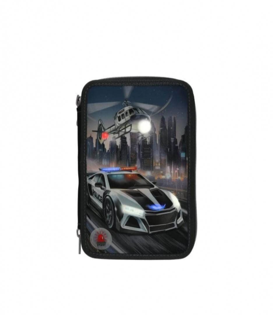Penar triplu echipat baieti, Masinuta Politie, Led, 3D Effect, albastru inchis, 6 ani+