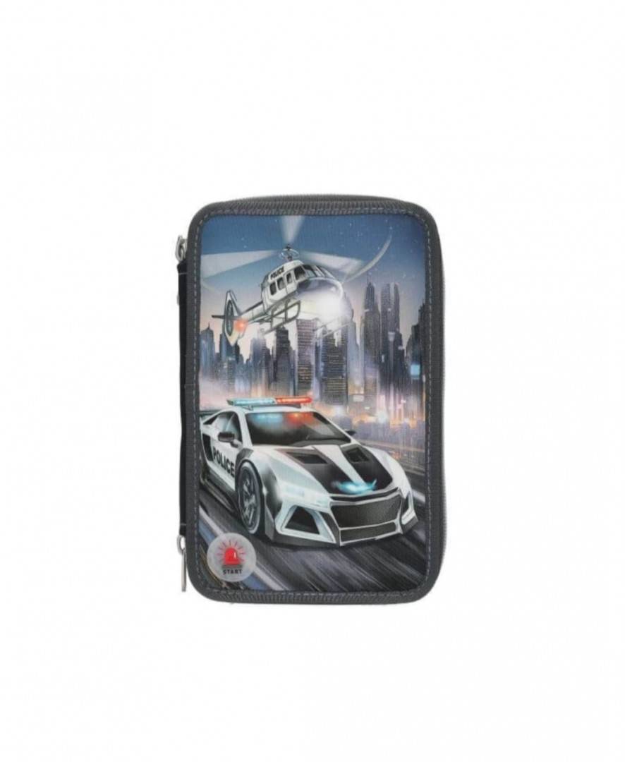 Penar triplu echipat baieti, Masinuta Politie, Led, 3D Effect, albastru inchis, 6 ani+