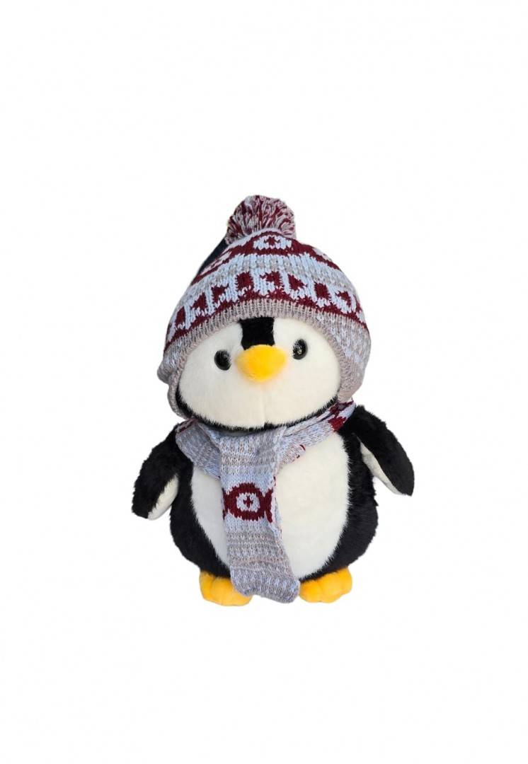 Pinguin de plus, realist, caciula si fular, multicolor, 30 cm