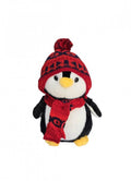 Pinguin de plus, realist, caciula si fular, rosu/multicolor, 30 cm