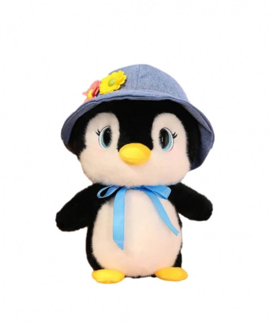 Pinguin de plus, realist, cu palarie, albastru/negru, 25 cm