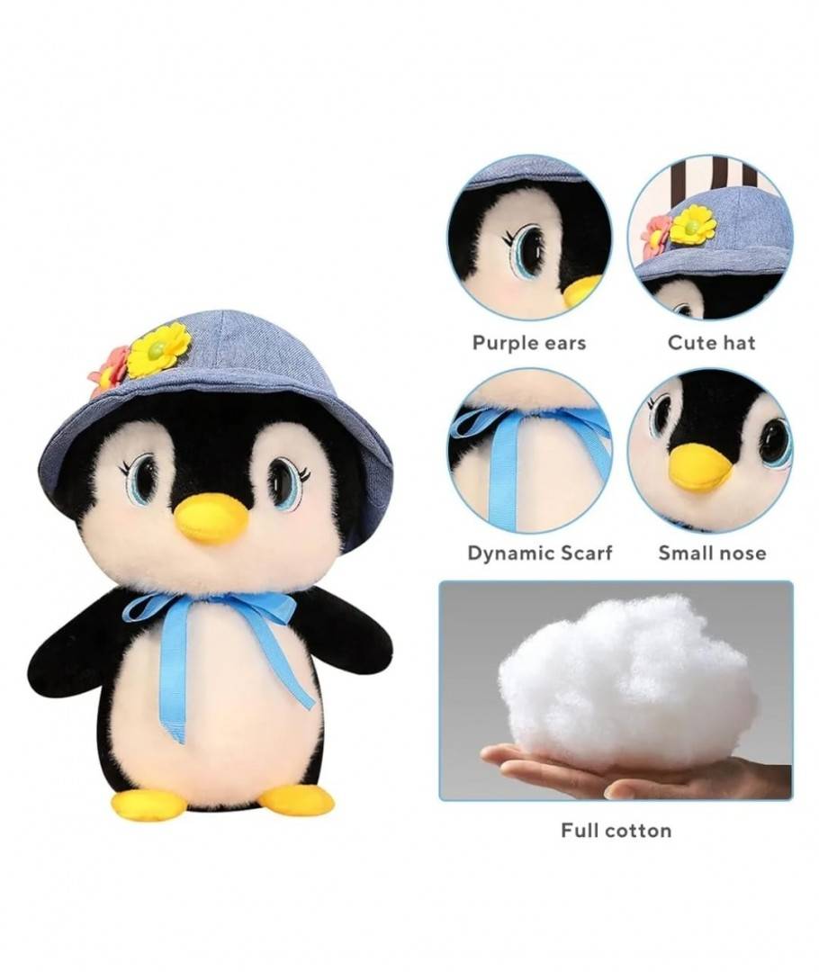 Pinguin de plus, realist, cu palarie, albastru/negru, 25 cm