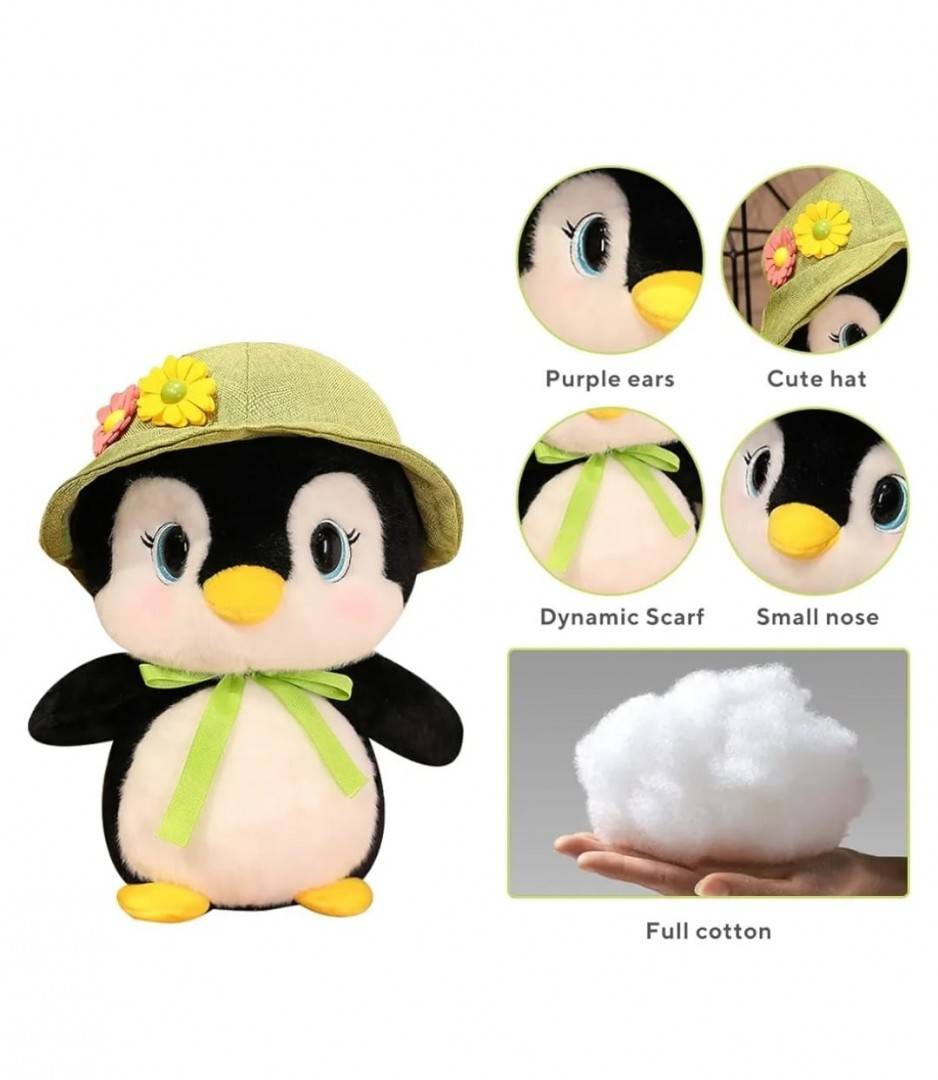 Pinguin de plus, realist, cu palarie, multicolor, 25 cm