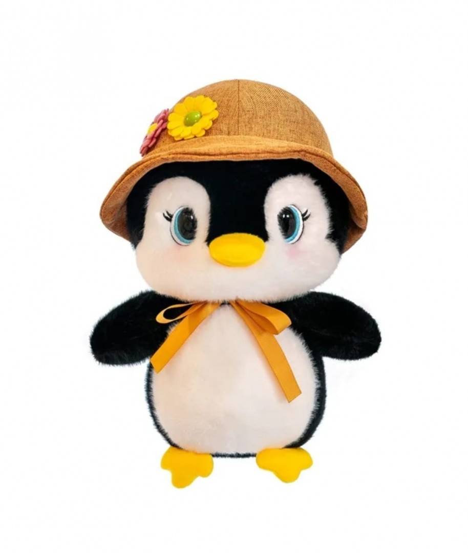 Pinguin de plus, realist, cu palarie, negru/alb, 25 cm