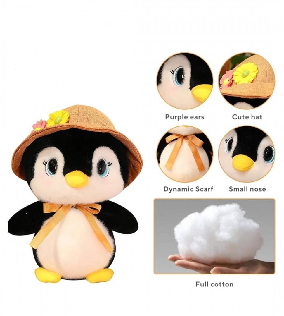 Pinguin de plus, realist, cu palarie, negru/alb, 25 cm
