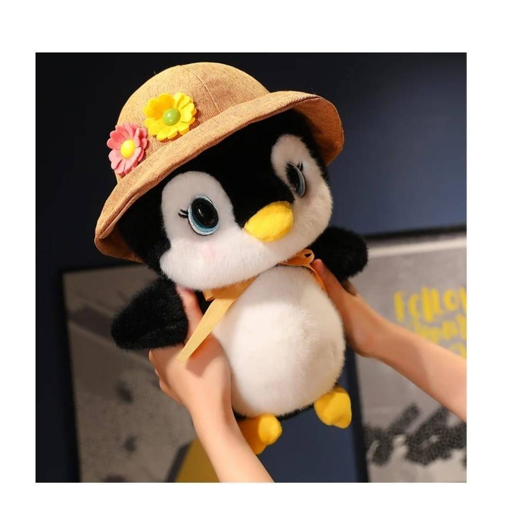 Pinguin de plus, realist, cu palarie, negru/alb, 25 cm