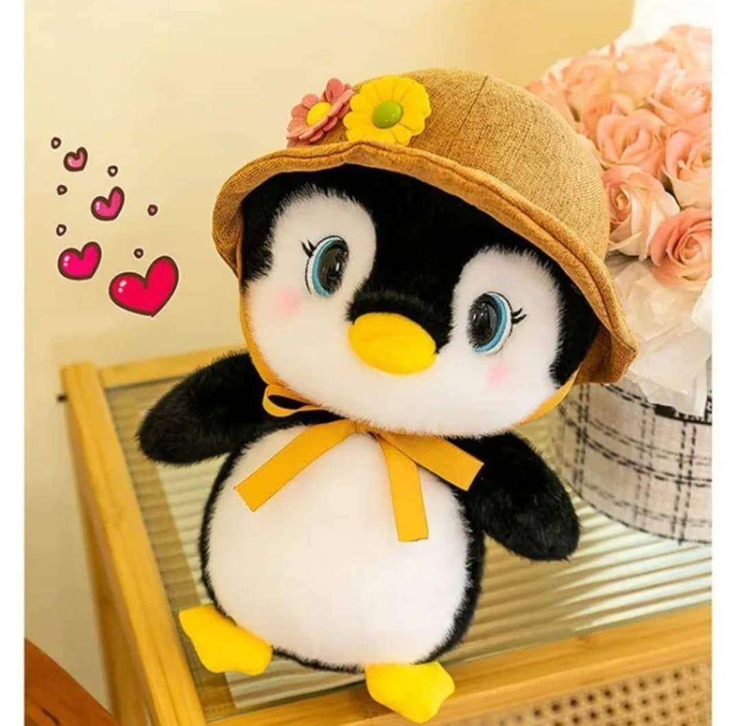 Pinguin de plus, realist, cu palarie, negru/alb, 25 cm