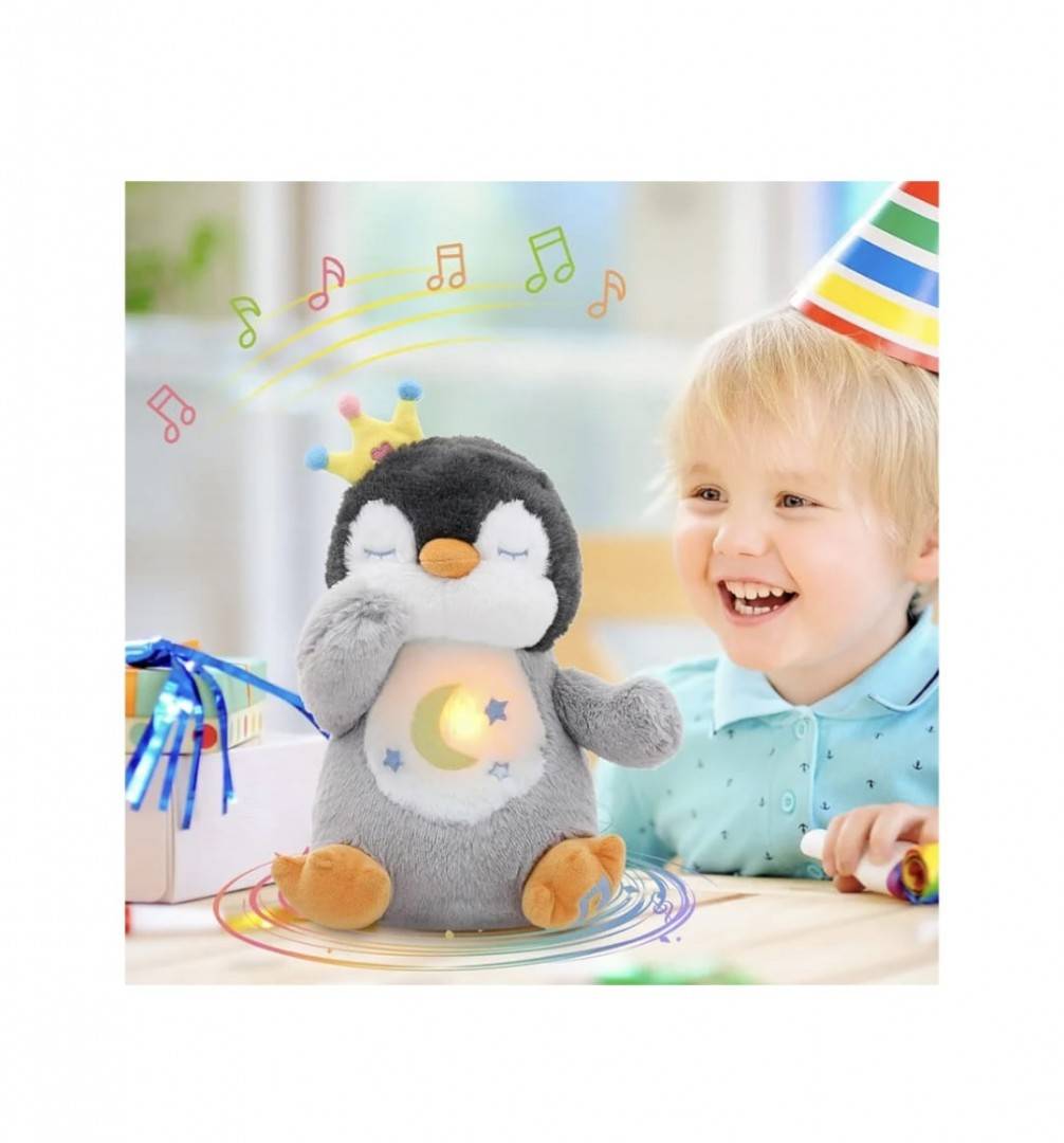 Pinguin interactiv, muzical, respira, lampa de veghe, multicolor, 30 cm