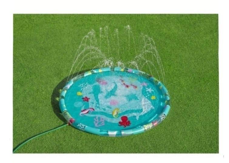 Piscina de copii cu stropitoare, Bestway, diametru 165 cm, cu gauri pentru stropire, loc de joaca, multicolor