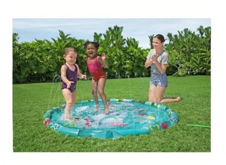 Piscina de copii cu stropitoare, Bestway, diametru 165 cm, cu gauri pentru stropire, loc de joaca, multicolor