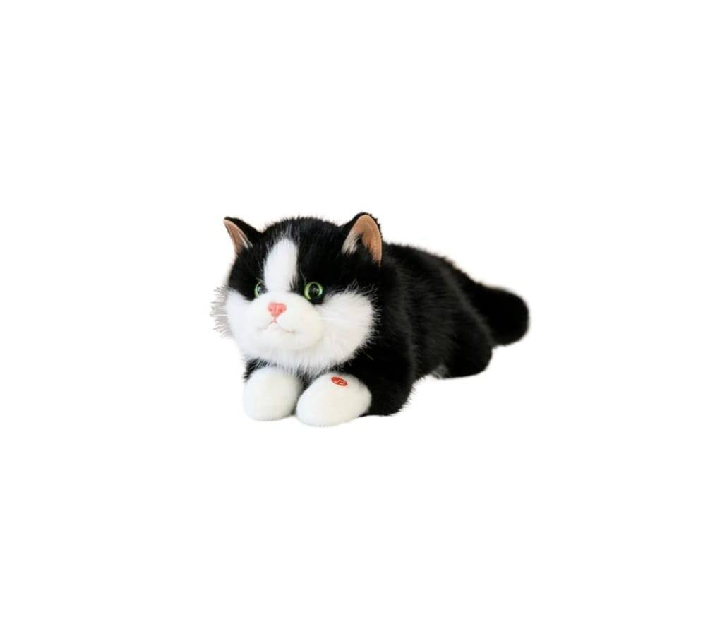 Pisica de plus, realista, miauna, negru/alb, 45 cm