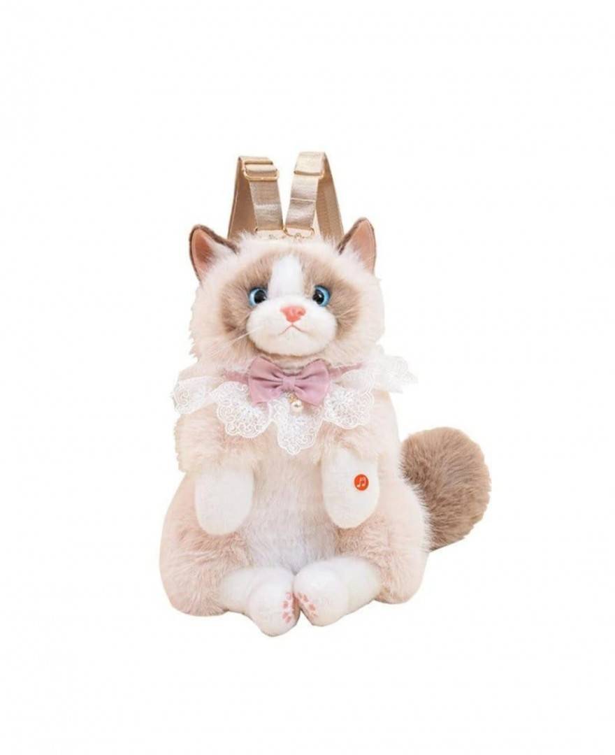 Pisica de plus, realista, tip rucsac, bej/alb, 40 cm