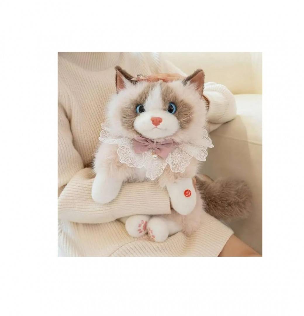 Pisica de plus, realista, tip rucsac, bej/alb, 40 cm