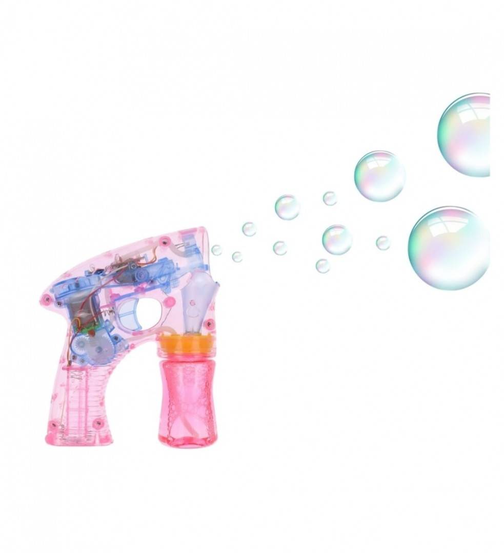 Pistol de jucarie, baloane de sapun, sunete si lumini, transparent, roz