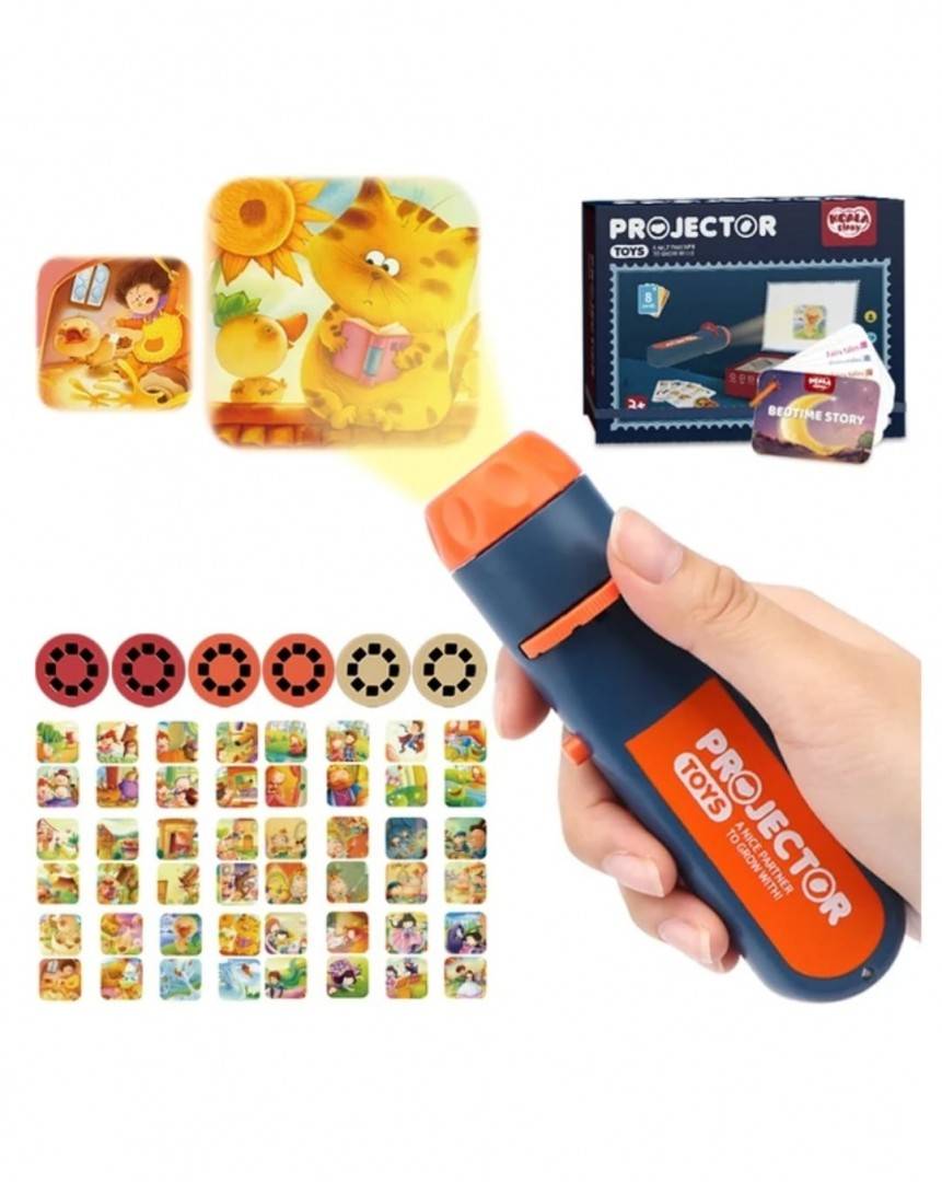 Proiector pentru copii, 6 discuri, 48 imagini, 8 cartonase cu povesti in limba engleza, multicolor, 13 cm