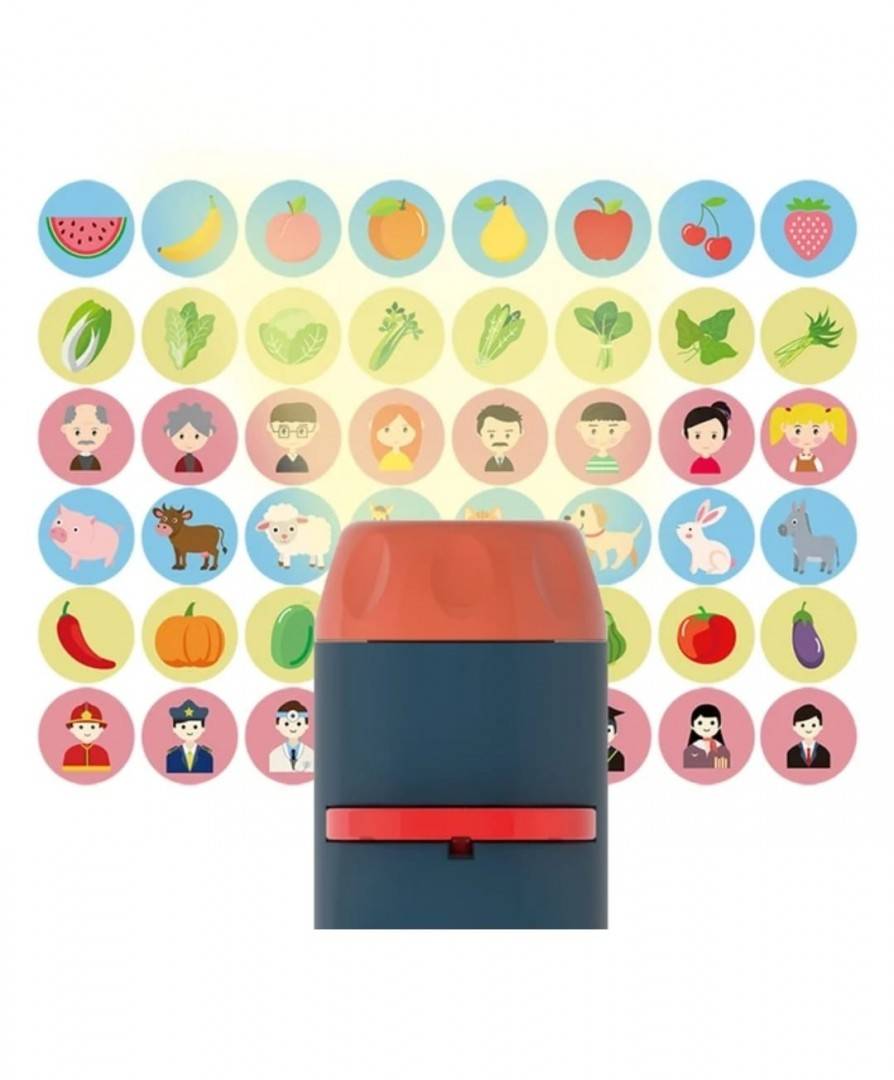 Proiector pentru copii, 6 discuri, 48 imagini, 8 cartonase cu povesti in limba engleza, multicolor, 13 cm